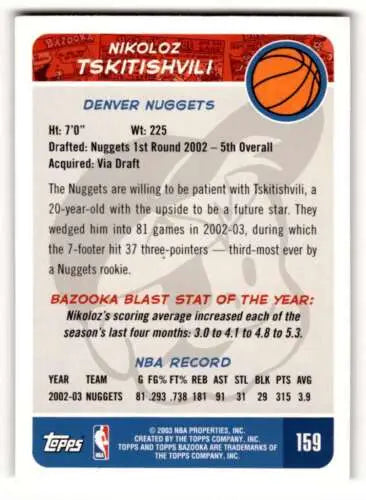Nikoloz Tskitishvili Denver Nuggets basketball card from 2003 Bazooka in original gloss