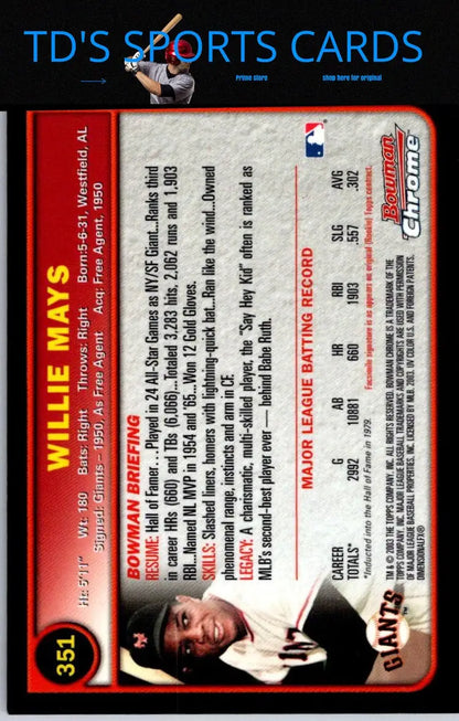 2003 Bowman Chrome #351 Willie Mays Trading Card – Iconic Baseball Legend