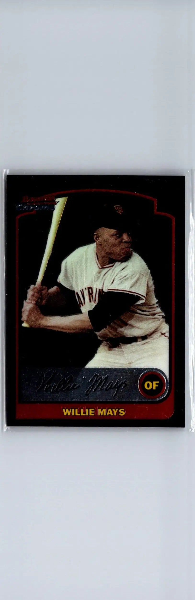 Willie Mays baseball card from 2003 Bowman Chrome #351 on display