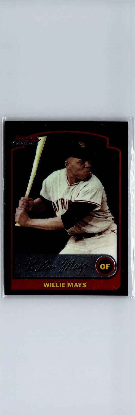 Willie Mays baseball card from 2003 Bowman Chrome #351 on display