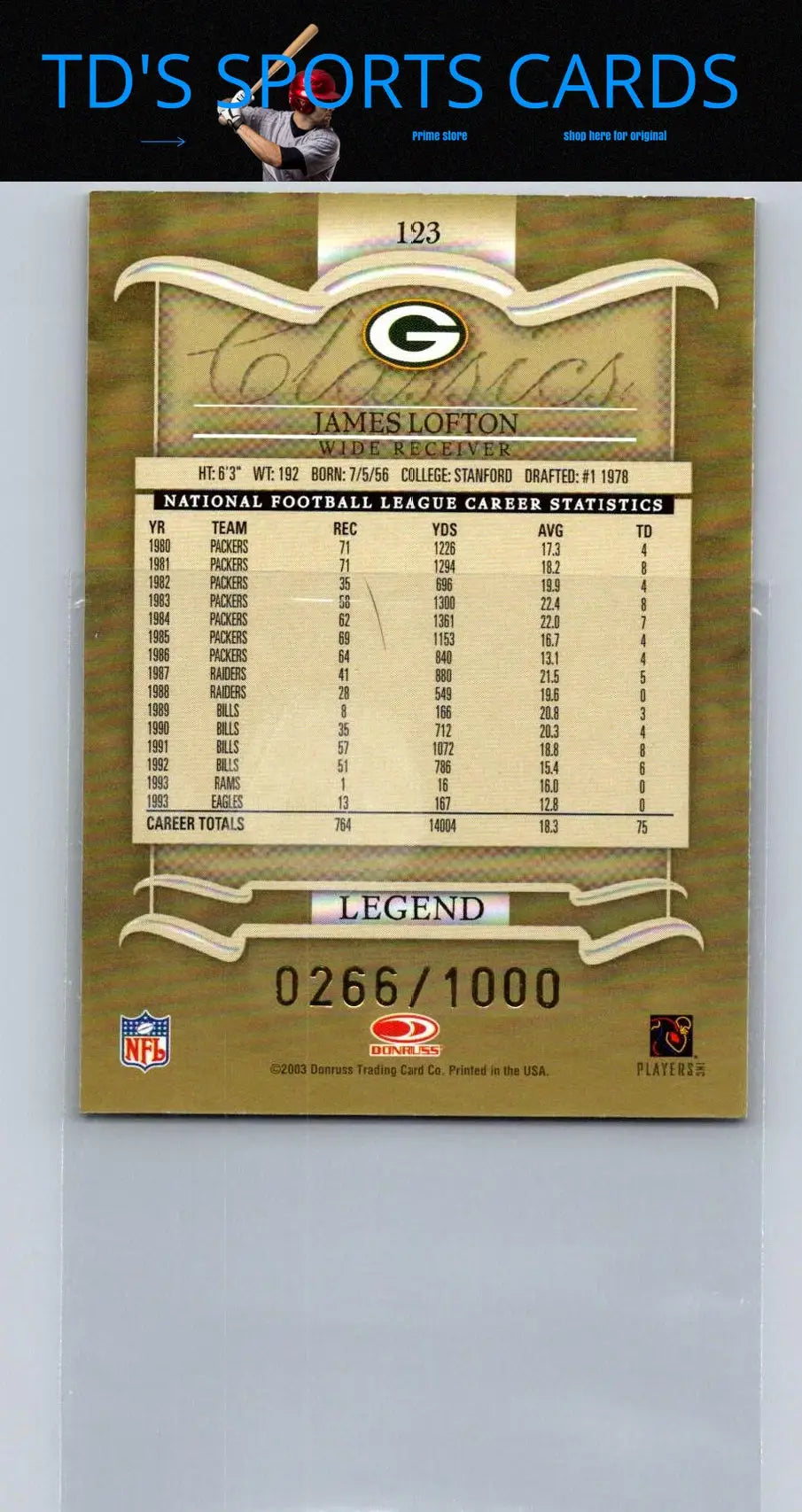 James Lofton football trading card from Donruss Classics 2003 2003 Donruss Classics #123