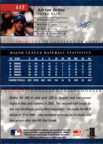 Adrian Beltre 2003 Donruss Elite #117 baseball card with original gloss from Dodgers