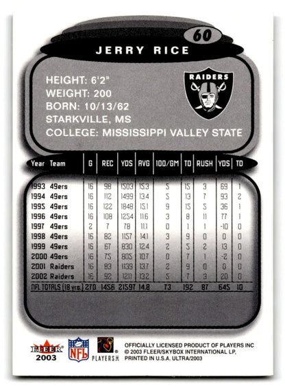 Back of 2003 Fleer Football Ultra Jerry Rice trading card with stats and bio