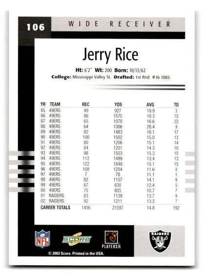 Score Football Jerry Rice trading card with career stats in the 2003 Score Football series