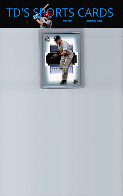 Framed Derek Jeter baseball card from 2003 SP Authentic #39 product showcasing collectible memorabilia