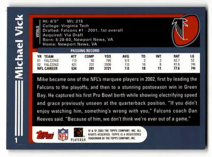 Original gloss Michael Vick football card from 2003 Topps NM-MT Falcons
