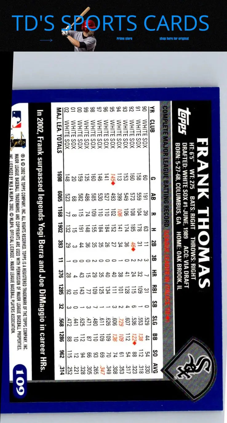 Frank Thomas baseball card from the 2003 Topps #109 trading cards collection
