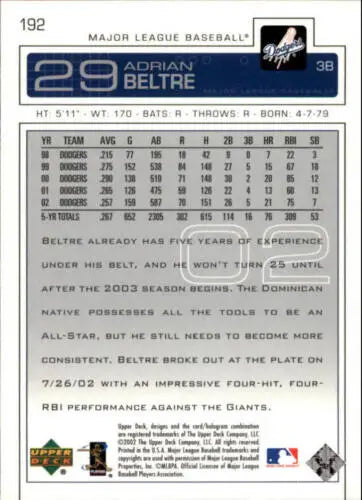Adrian Beltre baseball card from 2003 Upper Deck #192 featuring original gloss design
