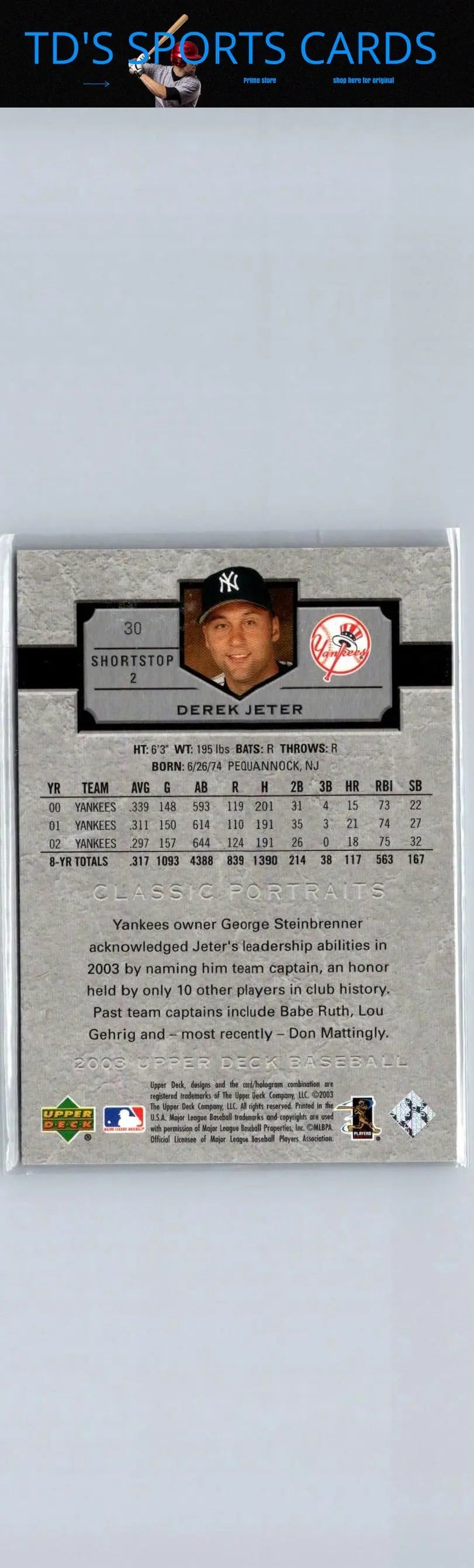 Derek Jeter baseball card from 2003 Upper Deck Classic Portraits series
