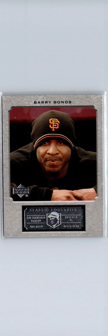 Barry Bonds baseball trading card from 2003 Upper Deck Classic Portraits featuring Giants beanie