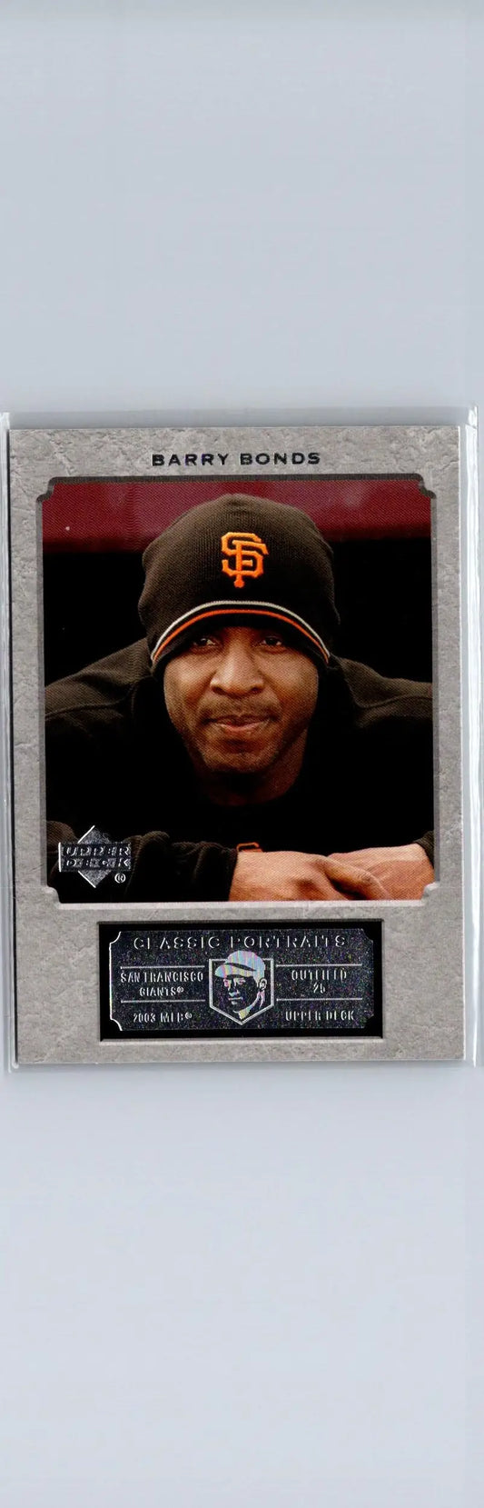 Barry Bonds baseball trading card from 2003 Upper Deck Classic Portraits featuring Giants beanie