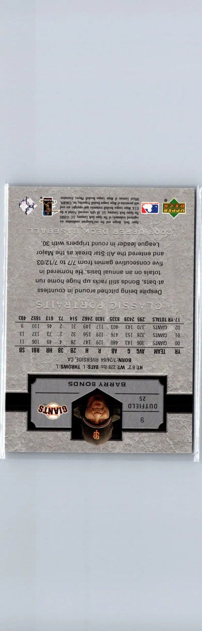 Baseball trading card featuring Barry Bonds from 2003 Upper Deck Classic Portraits