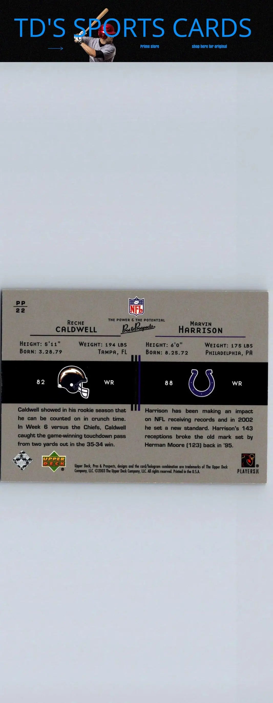 Football trading card featuring Reche Caldwell and Marvin Harrison from Upper Deck Pros