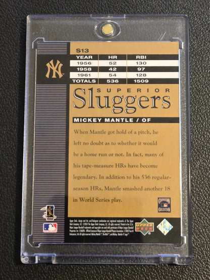 Baseball trading card of Mickey Mantle in protective case from 2003 Upper Deck S13 Mickey Mantle Superior Sluggers
