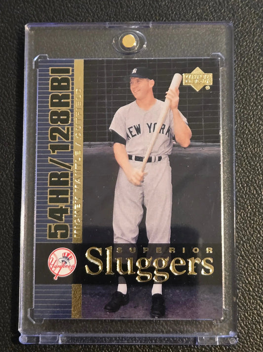 Mickey Mantle baseball card in protective case from 2003 Upper Deck S13 Mickey Mantle Superior