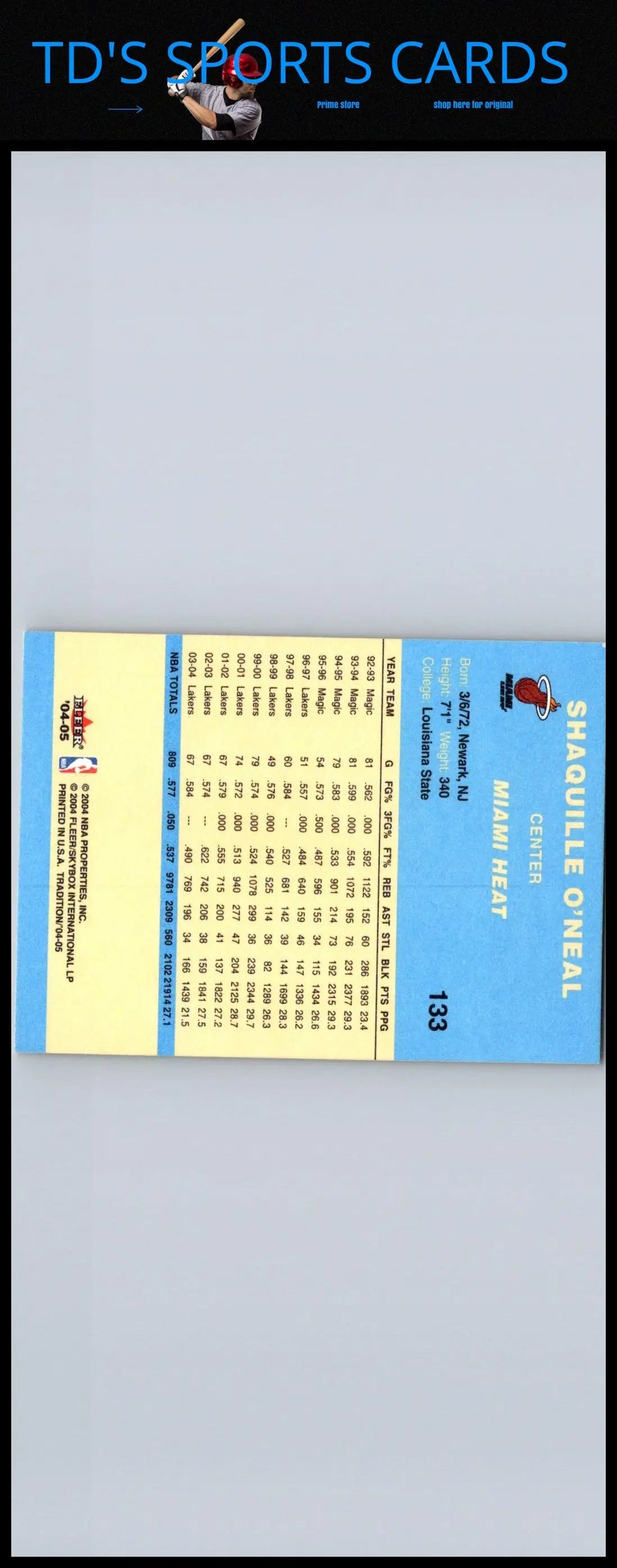 Shaquille O’Neal 2004-05 Fleer Tradition trading card featuring iconic basketball star