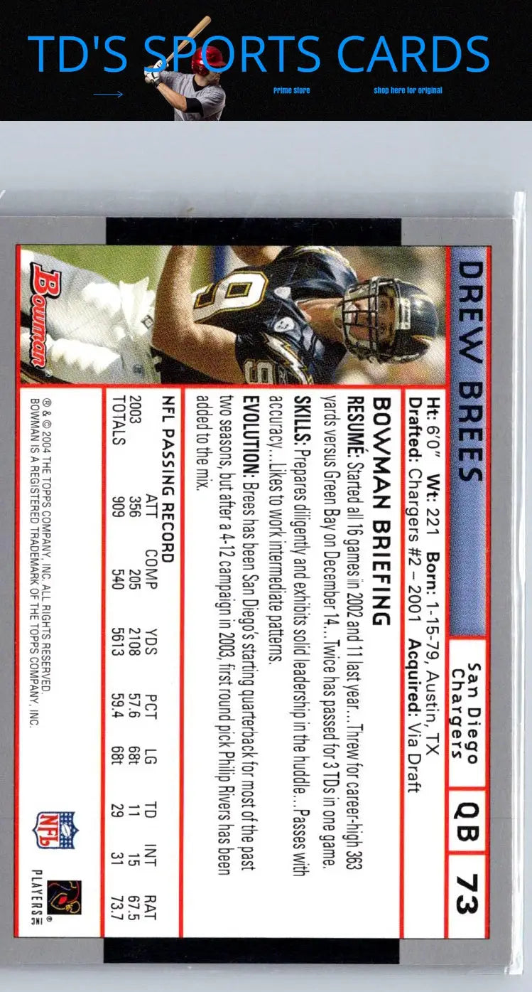 Drew Brees football card from 2004 Bowman series, perfect for trading cards collectors