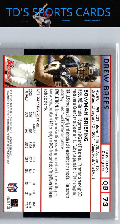 Drew Brees football card from 2004 Bowman series, perfect for trading cards collectors