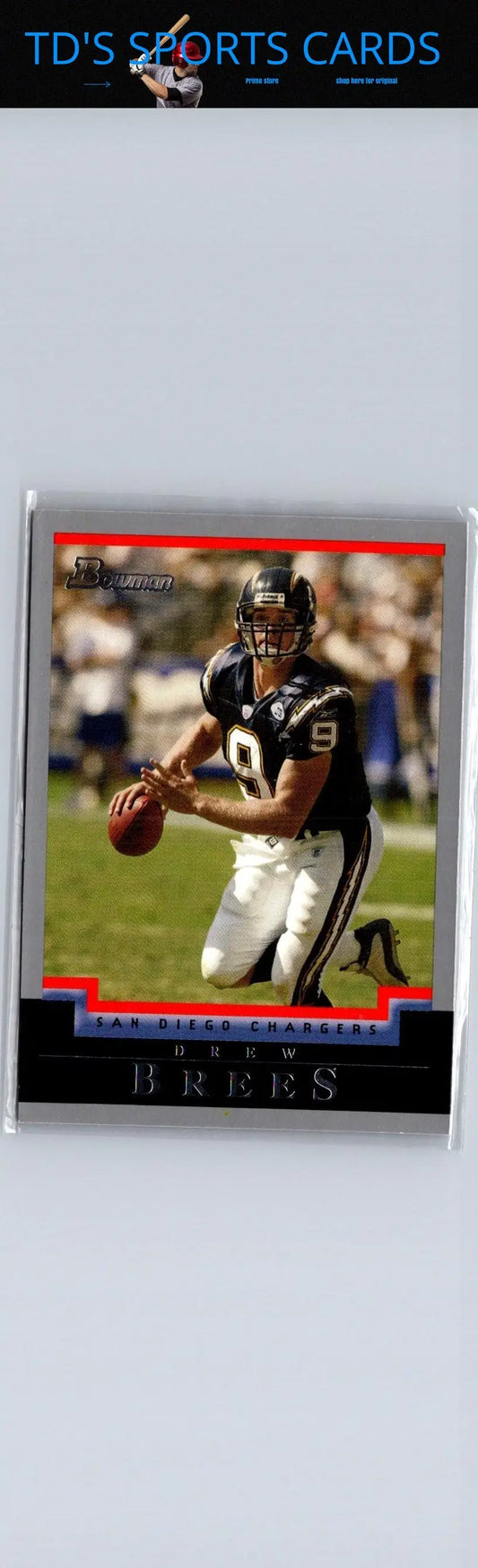 Football trading card of Drew Brees in black and white uniform from 2004 Bowman #73