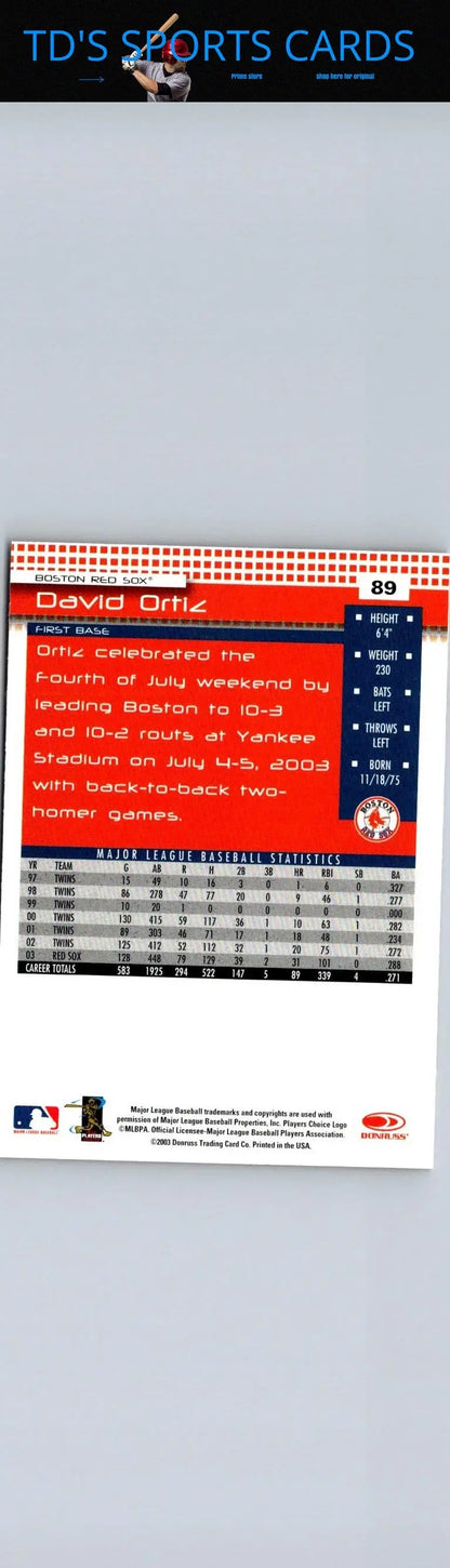 Back of 2004 Donruss #89 David Ortiz baseball card showcasing player stats and details