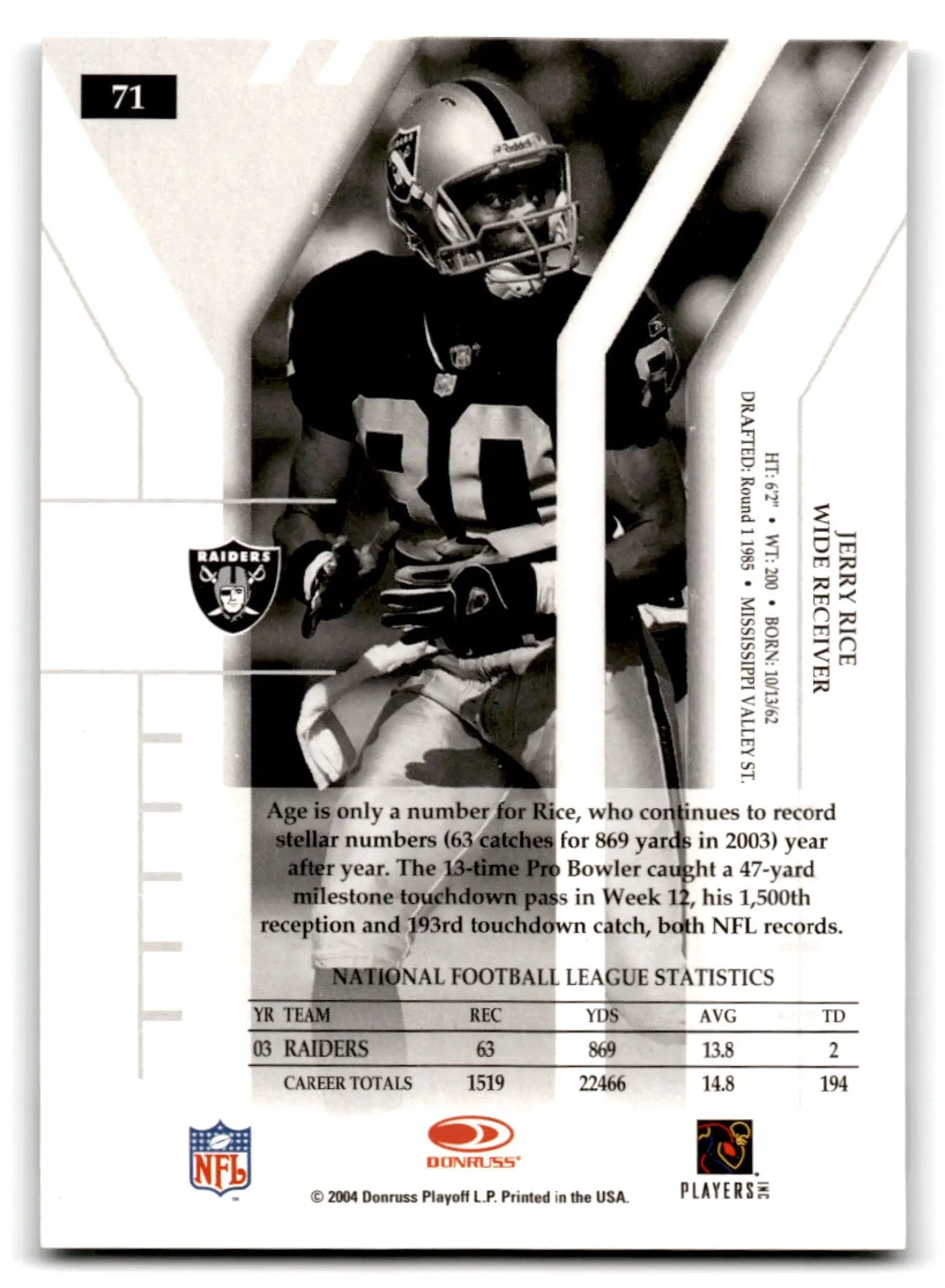 Black and white Donruss Football Elite Jerry Rice trading card featuring Oakland Raiders