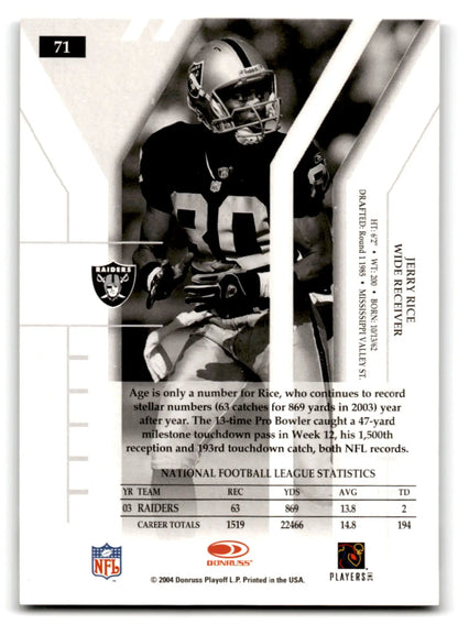 Black and white Donruss Football Elite Jerry Rice trading card featuring Oakland Raiders