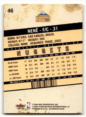 Basketball card back of 2004 Fleer Authentix Nene Denver Nuggets with original gloss