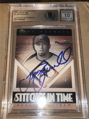 Jeff Bagwell autographed 2004 Fleer Patchworks Baseball Stitches In Time Card #9 AUTO 10 BAS