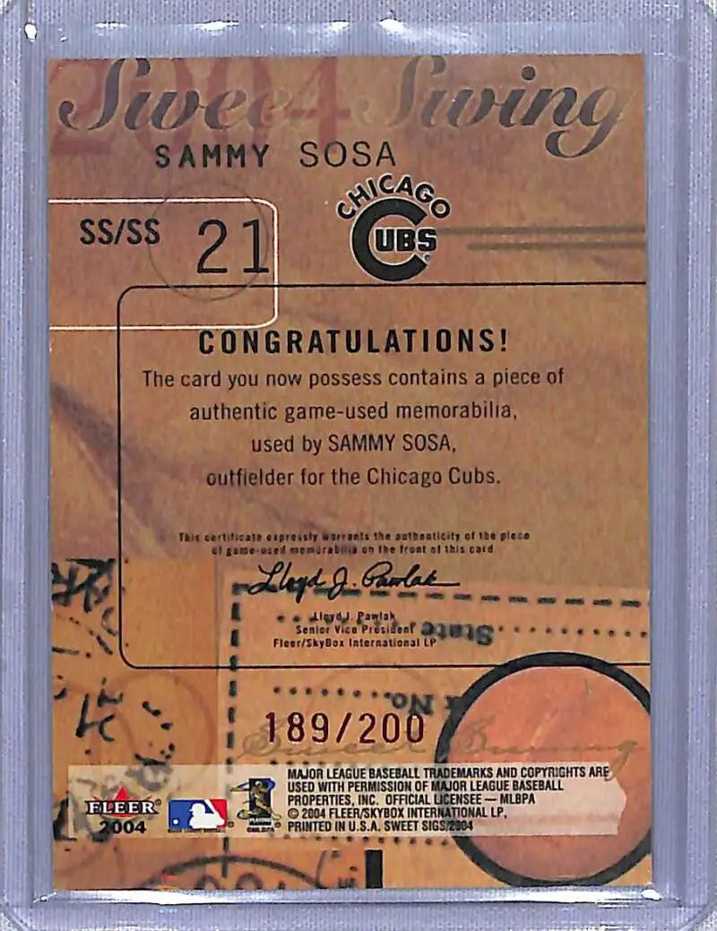 Game-used Sammy Sosa Sweet Swing baseball card from Chicago Cubs numbered 189/200