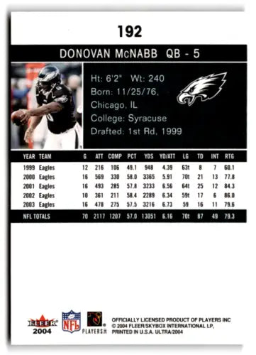 2004 Fleer Ultra #192 Donovan McNabb football card with original gloss, NM-MT condition
