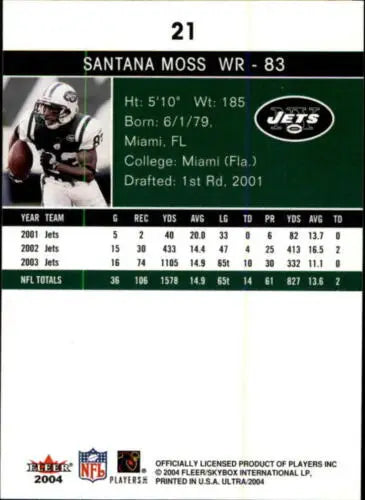 Santana Moss 2004 Fleer Ultra #21 NM-MT NY Jets original gloss football card