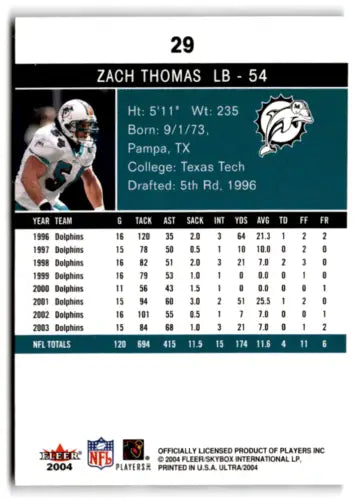 2004 Fleer Ultra #29 Zach Thomas football card with original gloss, Dolphins collectible