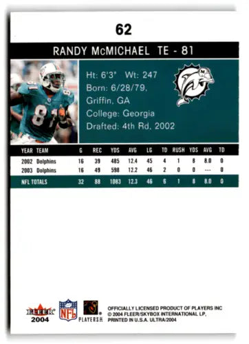 Randy McMichael 2004 Fleer Ultra football card with original gloss, Dolphins ID:73631