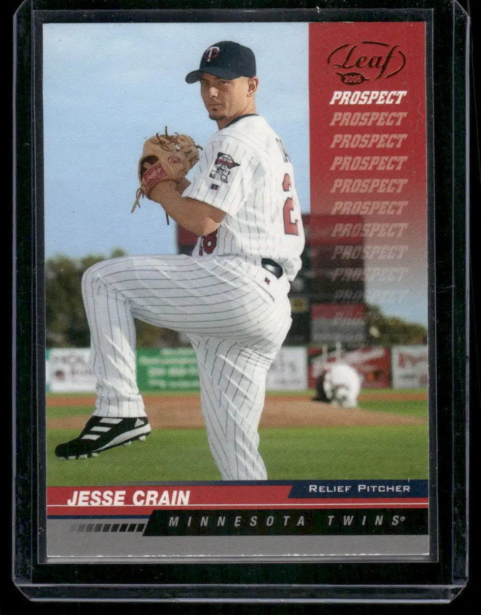 Baseball trading card featuring Leaf Prospect Jesse Crain as Minnesota Twins relief pitcher