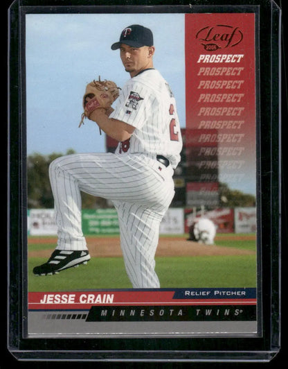 Baseball trading card featuring Leaf Prospect Jesse Crain as Minnesota Twins relief pitcher