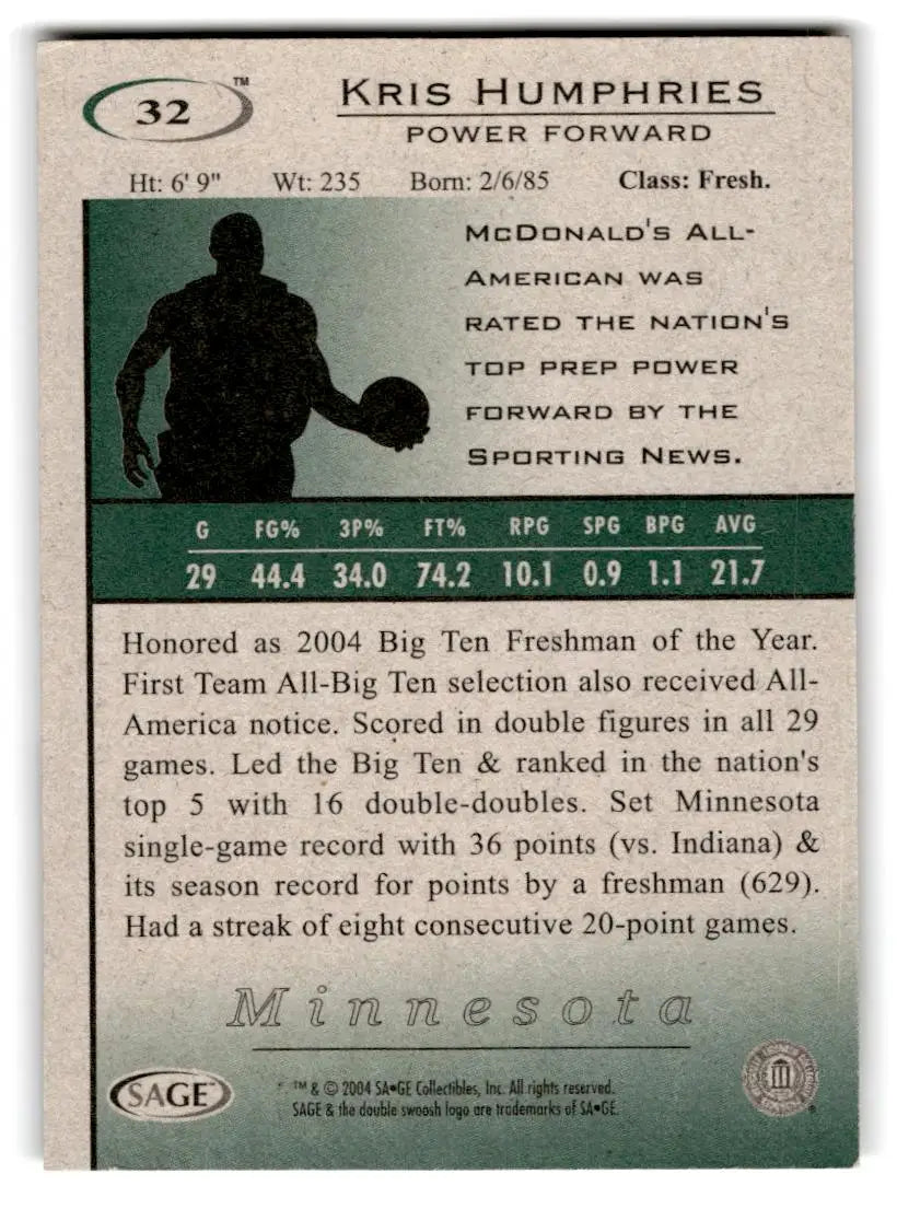 2004 SAGE HIT #32 Kris Humphries - Trading Card
