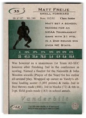 Matt Freije basketball card from 2004 SAGE HIT trading cards collection