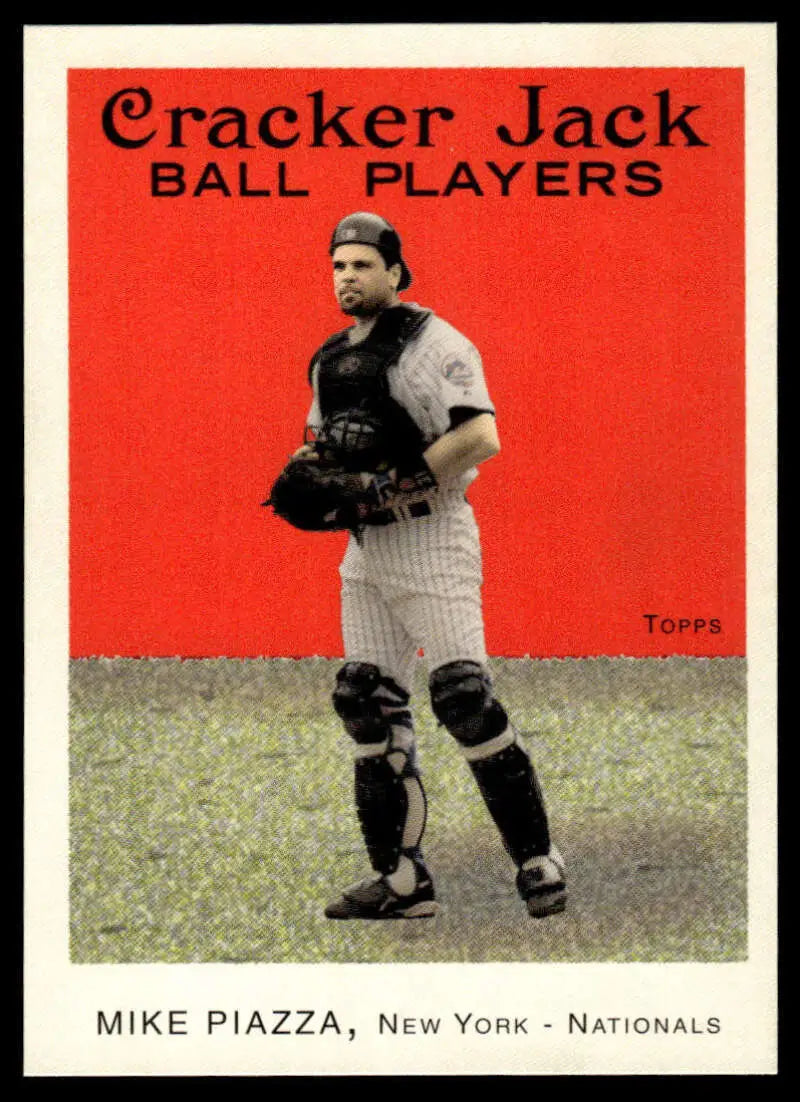 Vintage Topps Cracker Jack Mike Piazza baseball card featuring catcher in pinstripes