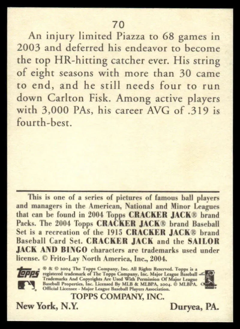 Baseball card detailing statistics for 2004 Topps Cracker Jack Mike Piazza, New York Mets