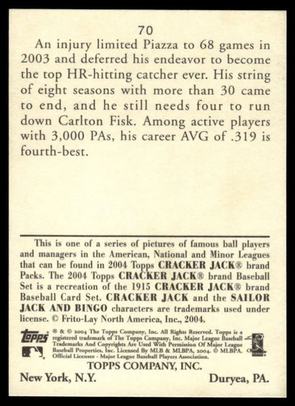 Baseball card detailing statistics for 2004 Topps Cracker Jack Mike Piazza, New York Mets