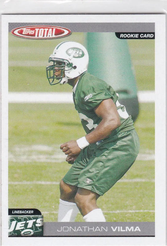 Football player in Jets uniform during practice for Jonathan Vilma RC Rookie card