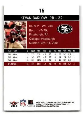 Kevan Barlow football card from 2004 Ultra #15 trading cards collection
