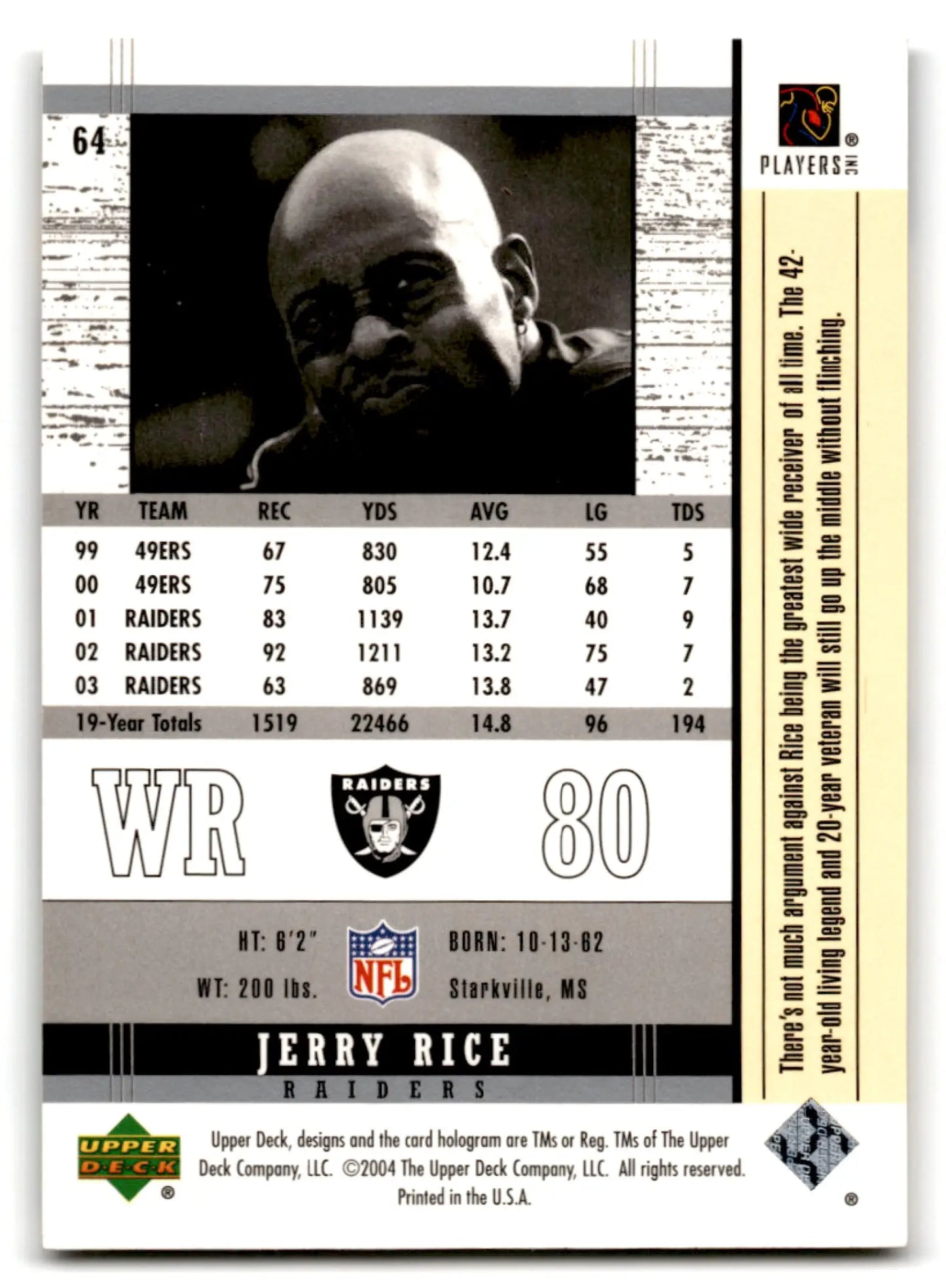 Jerry Rice football trading card from 2004 Upper Deck Football Legends series
