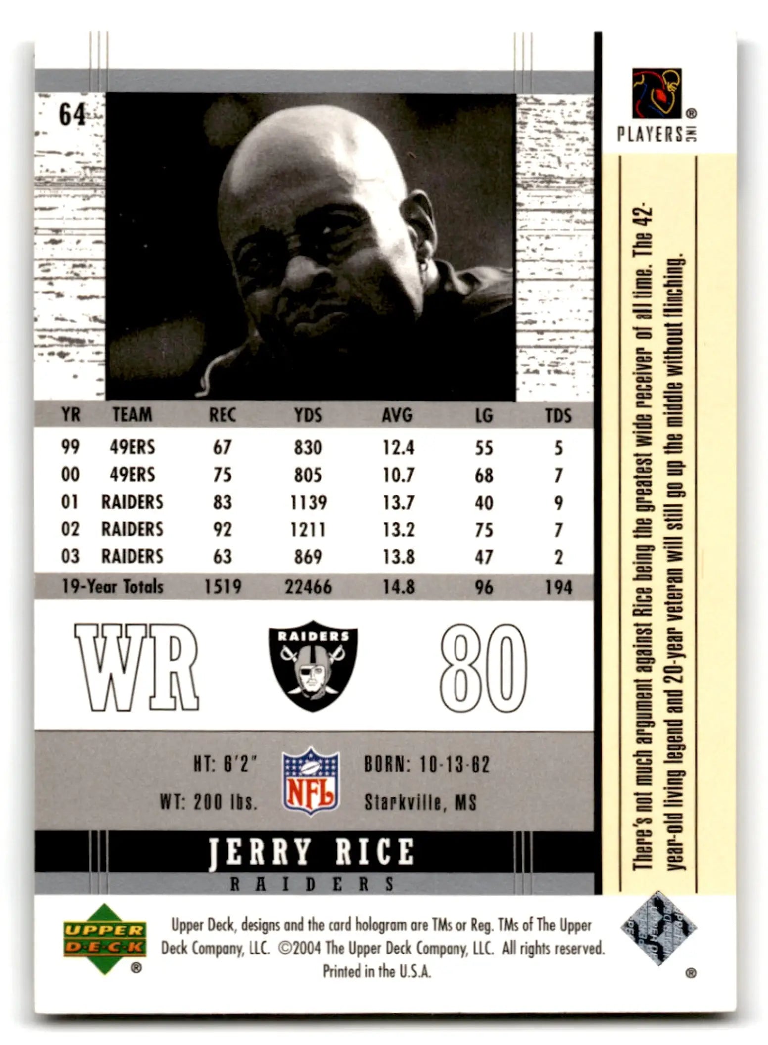 Jerry Rice football trading card from 2004 Upper Deck Football Legends series
