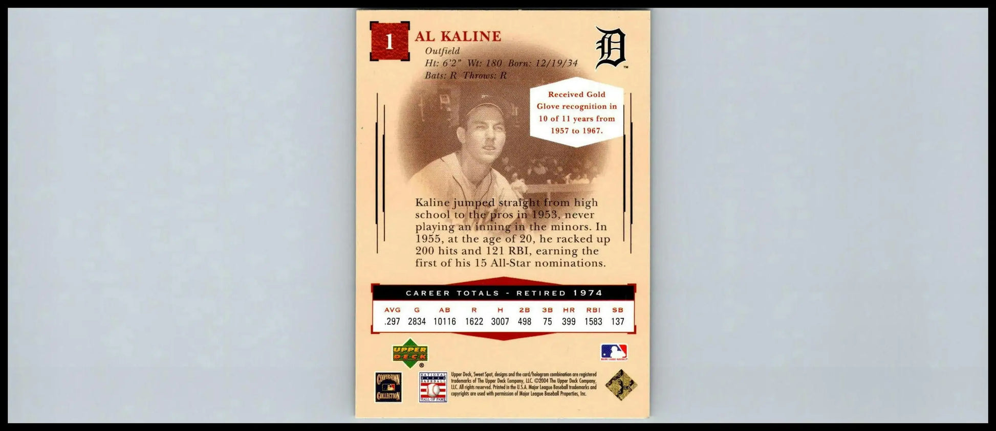 Al Kaline baseball card from 2004 Upper Deck Sweet Spot Classic collection