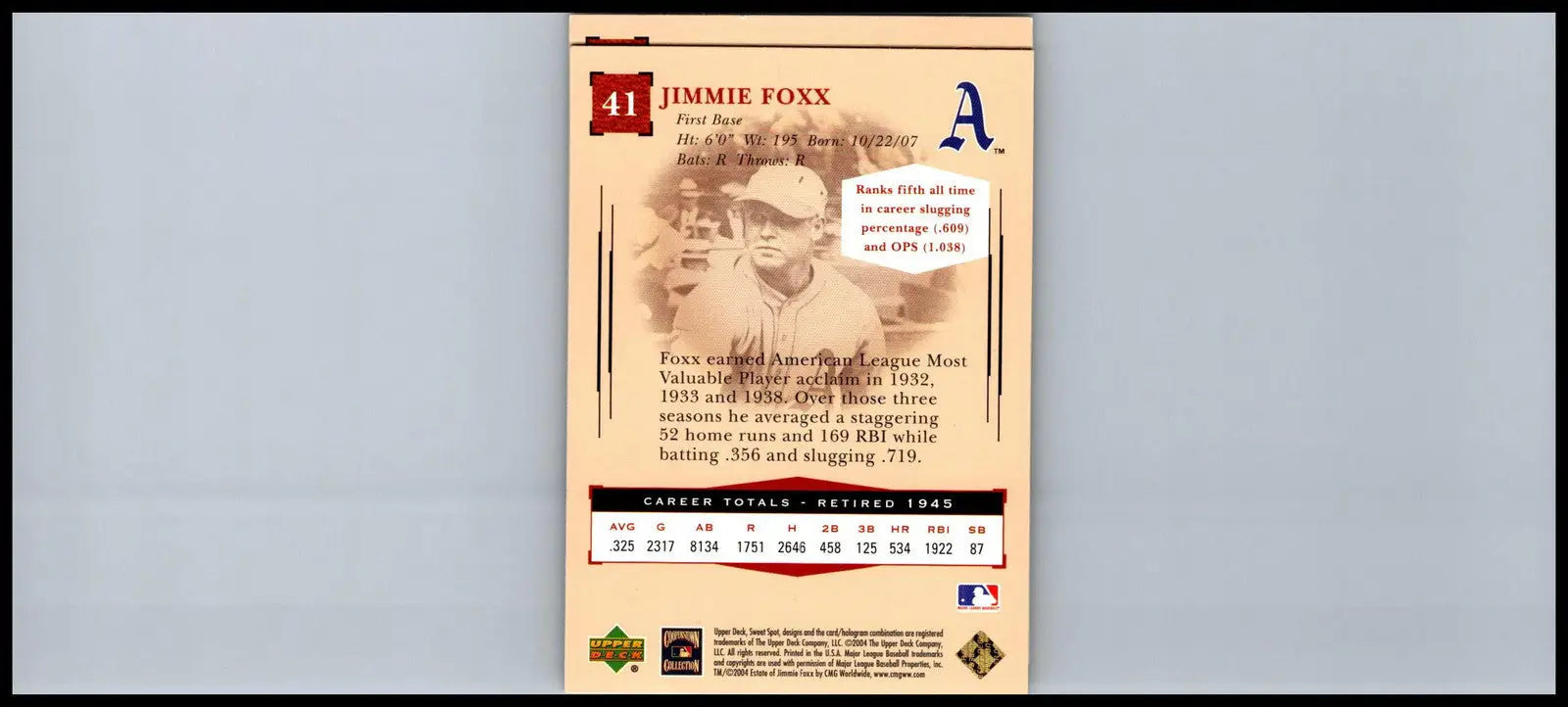 Jimmie Foxx baseball card featured in 2004 Upper Deck Sweet Spot Classic Whitey Ford
