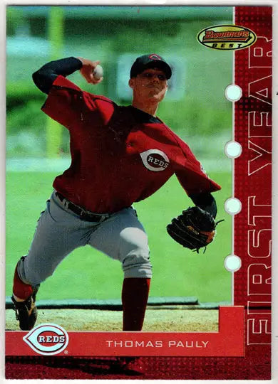Baseball card featuring Thomas Pauly from 2005 Bowman’s Best First Year Red Parallel Card