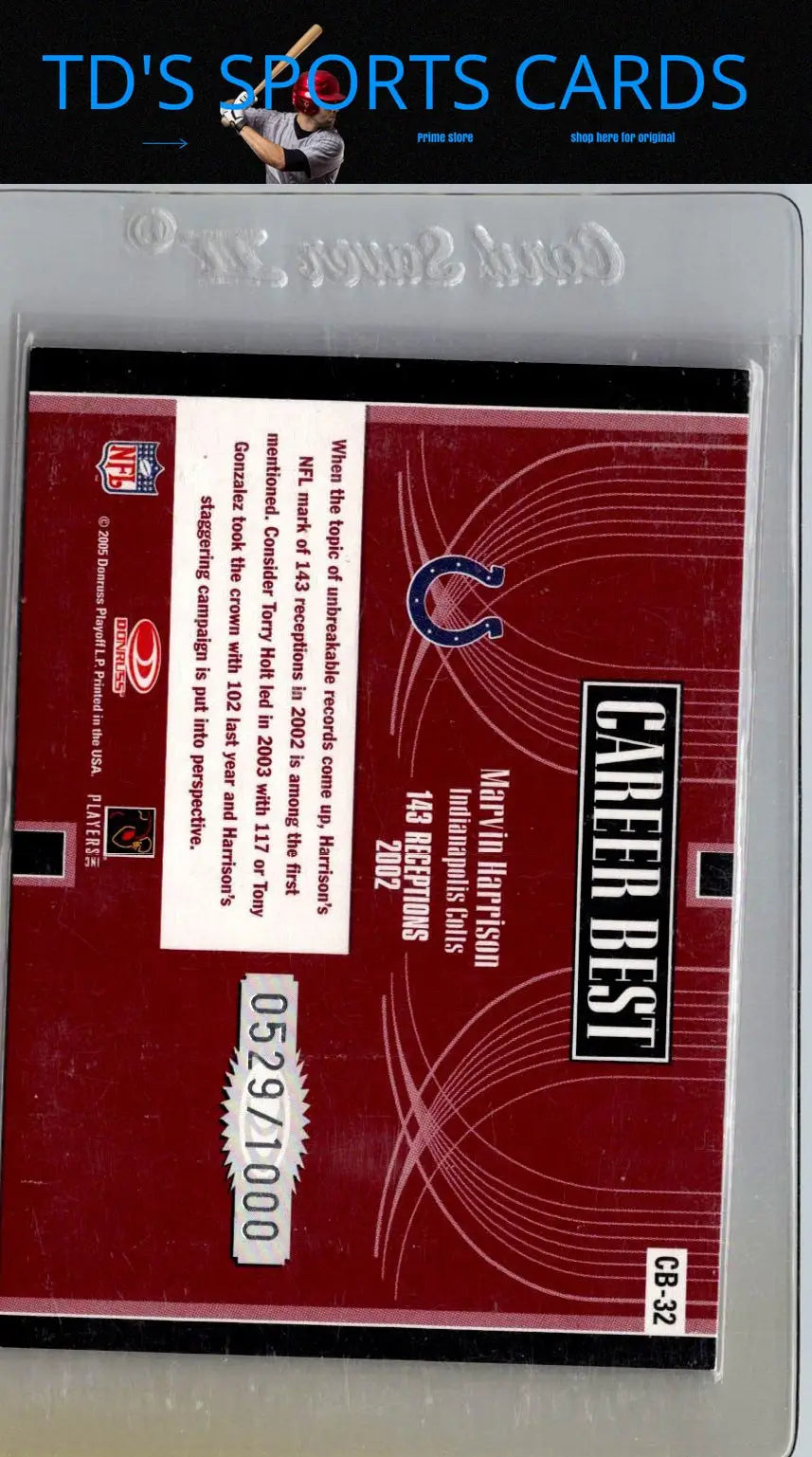 Marvin Harrison football card from 2005 Donruss Elite showcasing career best red edition