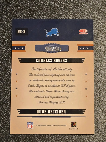 Football trading card featuring Charles Rogers and a jersey swatch from Donruss Gridiron