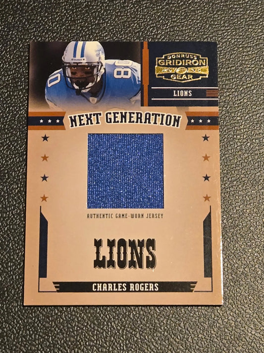 Charles Rogers Donruss Gridiron Gear football trading card with game-worn jersey piece